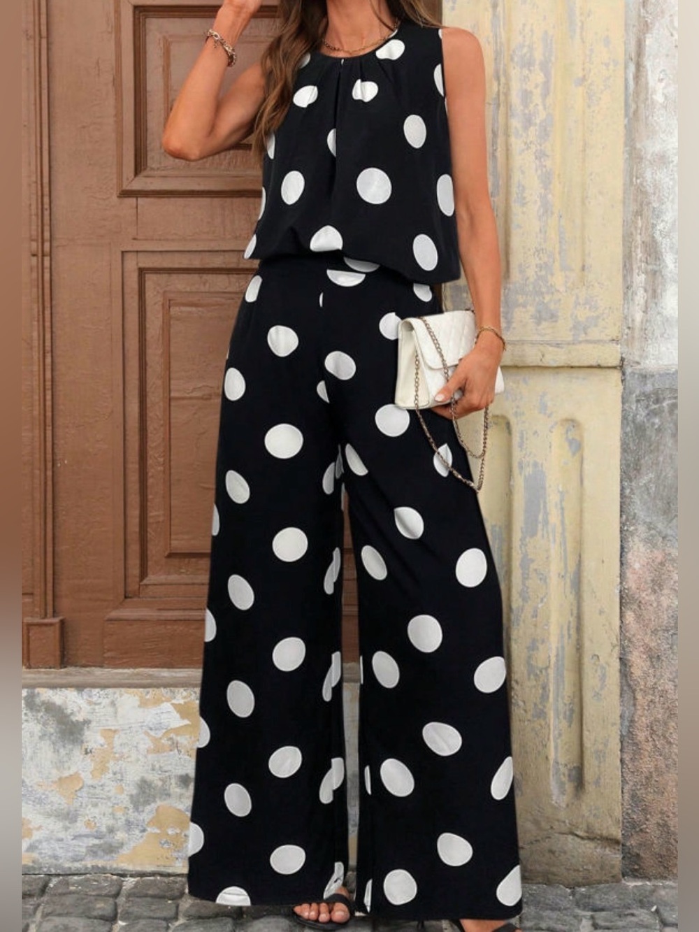 Polka Dot Wide-Leg Set - Black & White Set - Picture 2 of 3
